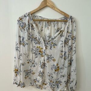 Lucky Brand White Floral Blouse with Blue and Yellow Accents